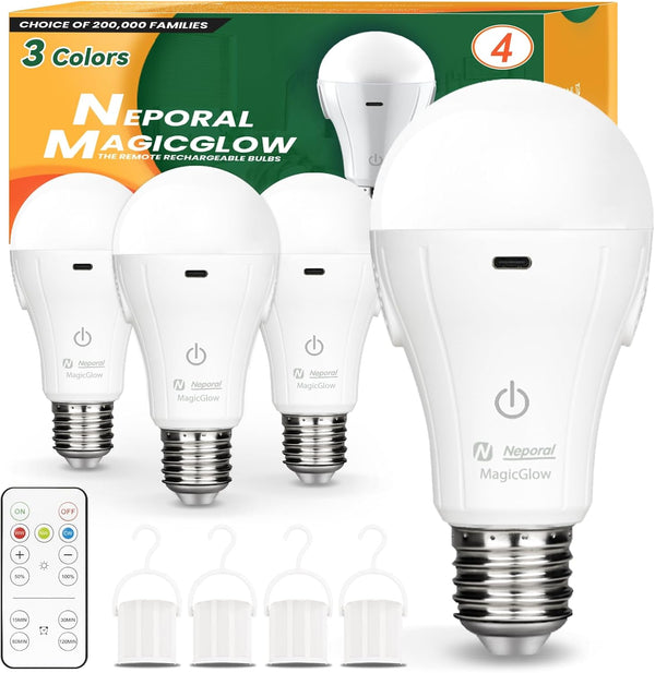 Neporal MagicGlow Rechargeable Light Bulbs with Remote, 3 Colors Shift + Stepless