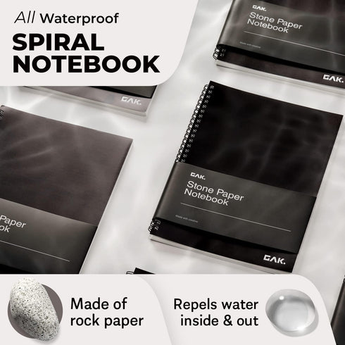 Stone Paper Waterproof Spiral Notebook, 7.20”x10.11”, 50 sheets, Durable Notebook, Eco-Friendly Mineral Stone Paper Notebook, Waterproof Notepad, Ruled, Black