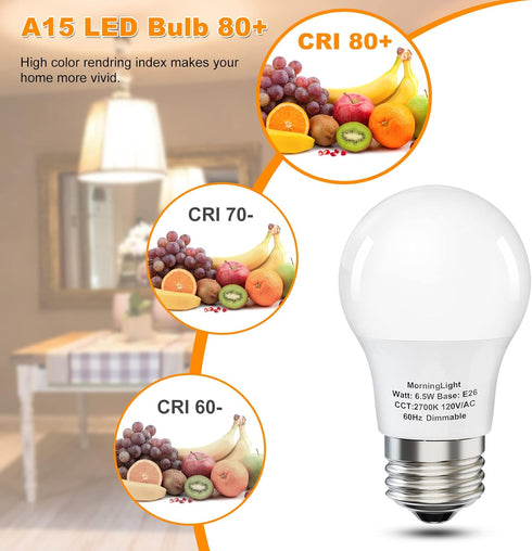 A15 LED Light Bulb, 6 Pack Dimmable 6.5W Equivalent 60 Watt, 2700K Warm White, 600LM for Pendant, Hallway Fixtures, 120V