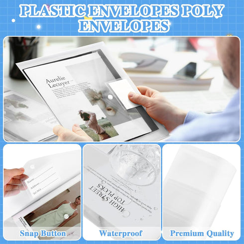 Yeaqee 50 Pcs Poly Envelopes, Clear File Folders with Snap Button Closure, US Letter A4 Size, Label Pocket
