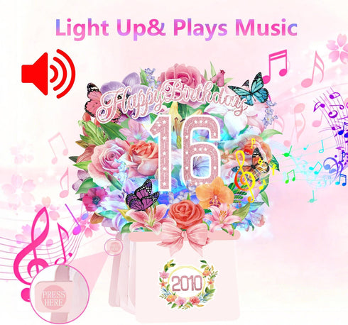 OLOSONG 16th 16 10 Inch 3D 2010 Sweet Birthday Cards, Light and Music Years Old Happy Birthday Card, Rose Lily Orchid