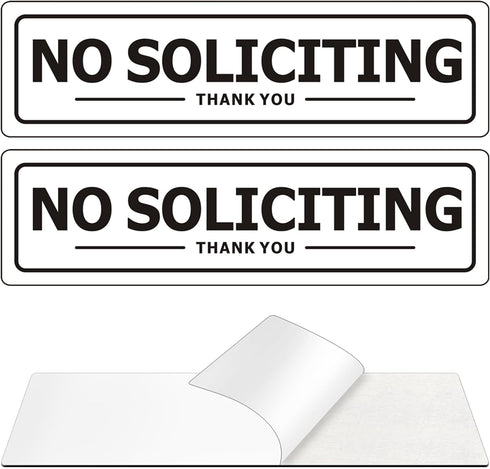 No Soliciting Sign, Self Adhesive Aluminum Sign, 2" x 7" White with Black Letters for House Business, 2 Pack