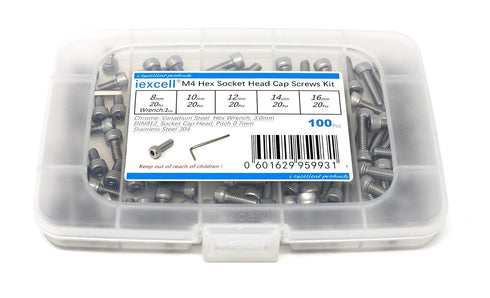 iexcell 100 Pcs M4 x 8/10/12/14/16mm Stainless Steel 304 Hex Socket Head Cap Screws Assortment Kit