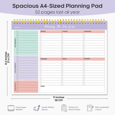 Weekly To Do List Notepad, 52 Undated Sheets, 8.5"×11", Desk Planner for Work and Home, Violet Dream