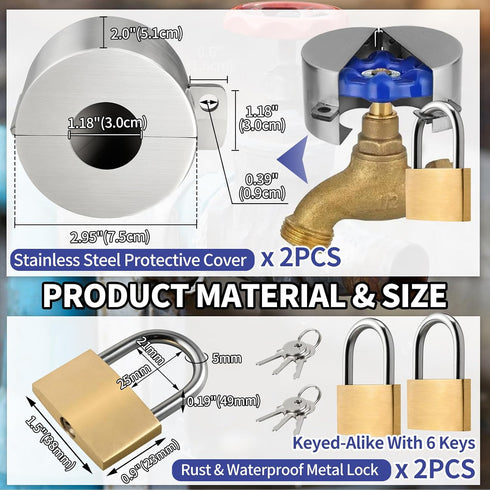 2 Pack 1-1/2 3 Inch Outdoor Faucet Lock, Water Hose Bib Spigot Locks Stainless Steel Cover & Brass Padlock Kits