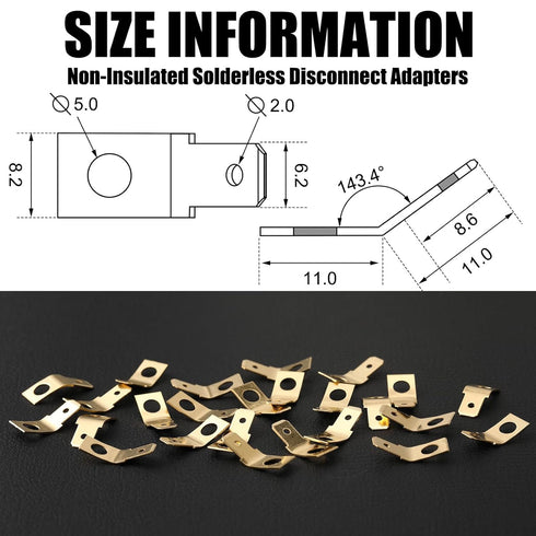25 Pcs Non Insulated Solderless Disconnect Adapters,1/4" Male Tab, 10 Stud Brass Quick Disconnect Connectors, Brass Copper Ring Crimp Electrical Terminals Kit