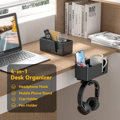KDD 4 in 1 Desk Cup Holder - Clamp on Under Desk Headphone Hanger - Rotating Headphone Holder Detachable Pen Cup Holder Desk Storage for Cup, Phone and Pen(Black) by KDD