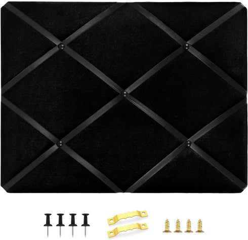 Black Velvet Fabric Memo Bulletin Board, 17x13 inches Criss-Cross Ribbons for Home Office School Wall Decor