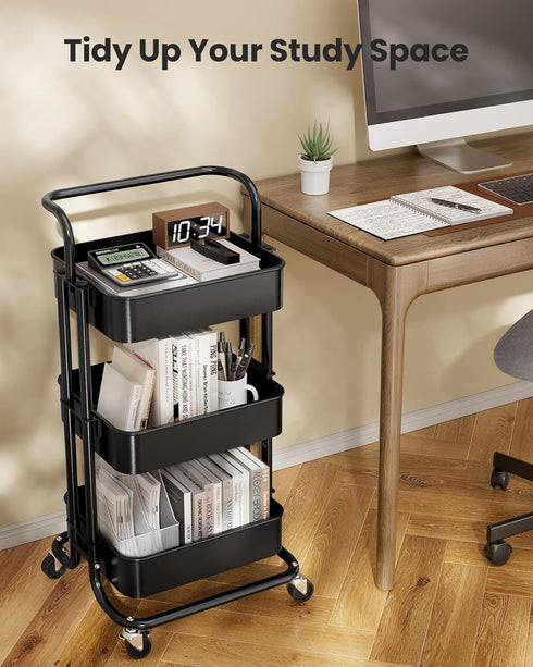 Pipishell 3 Tier Mesh Utility Cart, Rolling Metal Organization Cart with Handle and Lockable Wheels for Kitchen Living