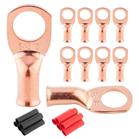 RED WOLF 10 Pack 8 Gauge x 3/8" Copper Wire Ring Terminals Connector Lug Battery Cable Ends with Heat Shrink