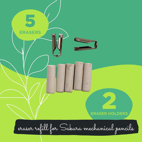 Sakura Mechanical Pencil Eraser Refills - Mechanical Pencil Erasers for Sakura XS-12 Pencil - 5 Erasers - 2 Metal Sleeves
