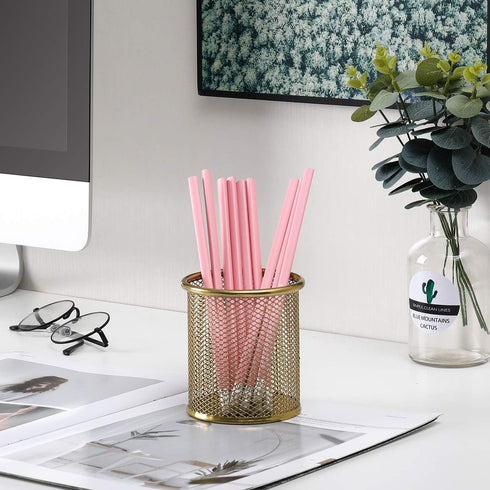 PAG 2 Pack Pencil Holder for Desk, Gold Desktop Pen Cup, Office Supplies Organizers, Makeup Brush Holder