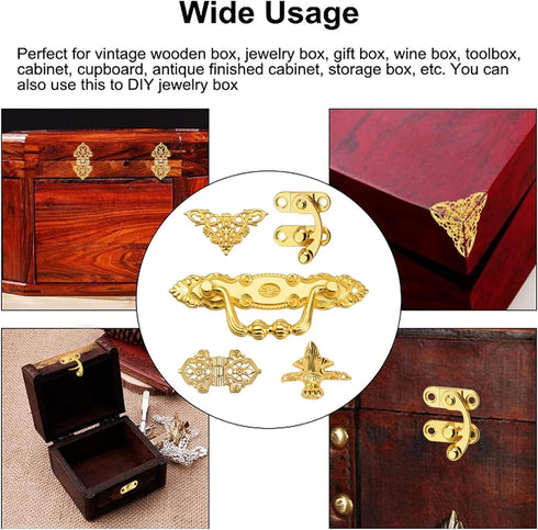 Gold Jewelry Box Kit - Antique Lock Latch Hasp Hinges and Corner Protectors for DIY Jewelry Box