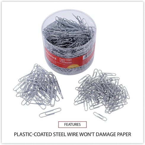 Universal UNV21001 Plastic-Coated Paper Clips, Assorted Sizes Silver (1000/Pack)