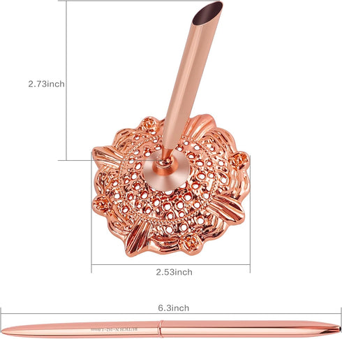Hollow Round Signing Pen Set for Wedding Bridal, Rose Gold Pen Holder
