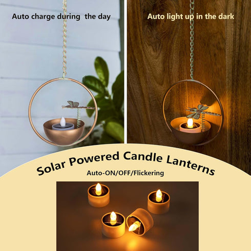 4-Pack) Solar Hanging Lanterns, Dragonfly Style Outdoor Chandelier, Waterproof Auto On/Off Solar Tea Lights for Garden