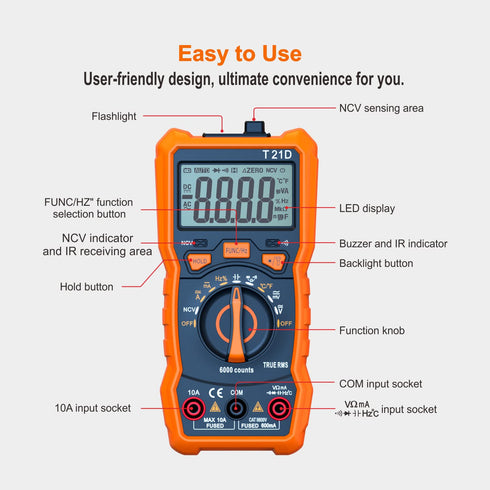 Auto-Ranging Digital Multimeter, TRMS 6000 Counts AC DC Voltmeter, Electrical Tester with NCV