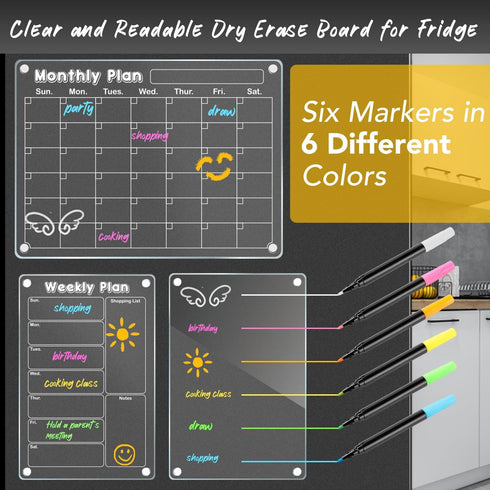 DIYMAG 3Pack Acrylic Magnetic Dry Erase Calendar for Fridge, Weekly Monthly Planner Memo Board with 6 Highlighters