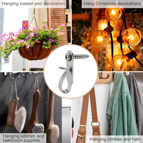 20 Pack Stainless Steel Light Hanger Hooks, Screw Hooks for Hanging Christmas Lights and LED Clips