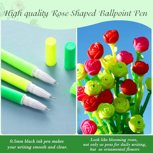 Flower Pens, Rose Shaped Ballpoint Pen, Liquid Black 0.5mm Gel Ink for Kids, Women, Home Office Supplies