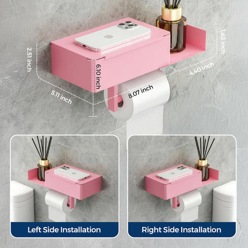 Zzaki Pink Toilet Paper Holder with Shelf & Storage Wall Mount Adhesive or Screw Installation Wipes Dispenser and Phone