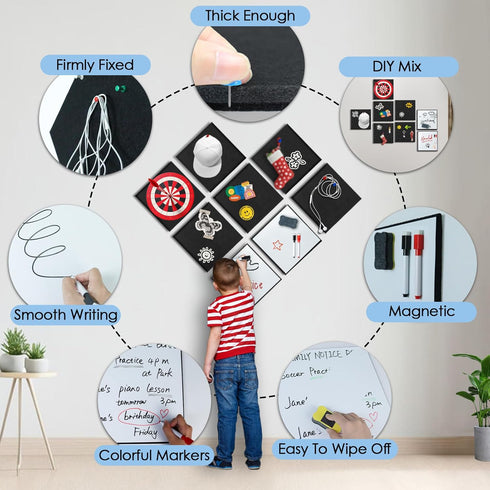 BXI Felt Bulletin Board with Pins & Magnetic Dry Erase Whiteboard Combo, 8 Pcs Self-Adhesive Tiles