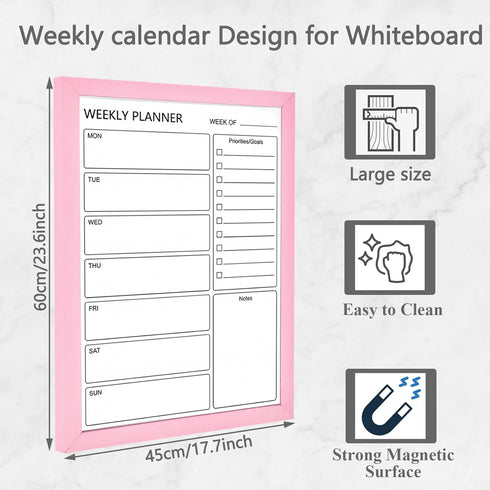 Dry Erase White Board Weekly Calendar Board, 18“x24" Solid Wood Pink Framed Message Board for Office