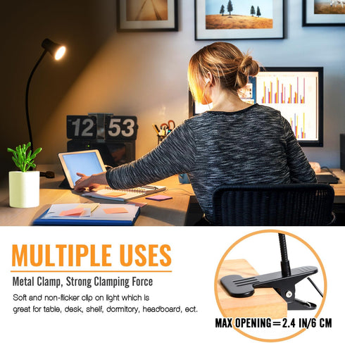 Clip Desk Lamp, USB Reading Light with Flexible Neck, 3 Color Temperature Options, 10 Dimmable Brightness Levels for