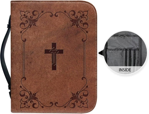 Classic Crosses Bible Covers, PU Leather Waterproof Bible Case with Handles for Study Bible Carrying - 2XL