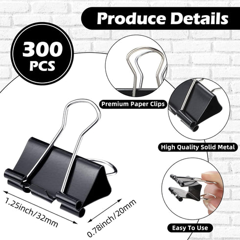Yexiya 300 Pcs Medium Binder Clips - Paper Med Clips for Teachers Students School Office Supplies (Black, 1.25 Inch)