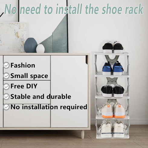 Afromy 5 Tier Plastic Collapsible Shoe Shelf, Vertical Shoe Organizer Rack for Front Door Entrance