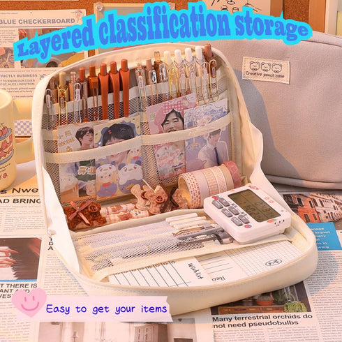 Cute Kawaii Pencil Case Pouch Box, Large Capacity Zipper Pen Holder Organizer for Office, Travel, Desk Accessories
