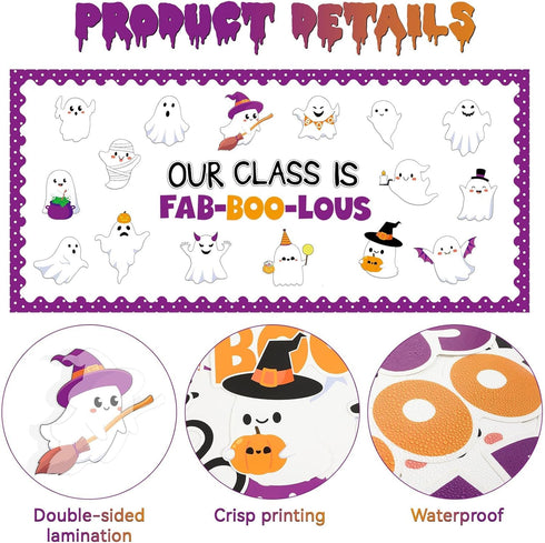 Halloween Bulletin Board Decoration Set, Cute Ghost Paper Cutouts and Blackboard Border for Classroom Chalkboard Decor
