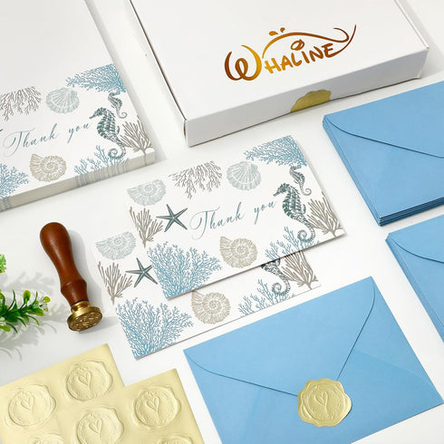 50 Summer 4 6 Inch Whaline Pcs Ocean Sea Thank You Cards Blue Coral Seashell Greeting Card with Envelope Sticker Blank