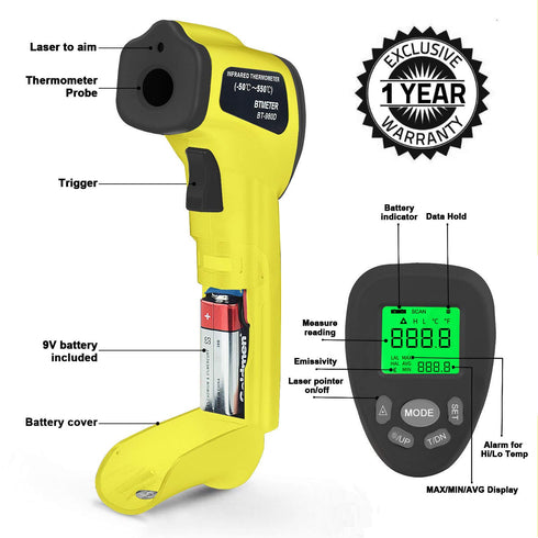 BTMETER BT-980D Handheld Industrial Infrared Thermometer, Digital Non-Contact Laser Temperature Gun -58? to 1022?