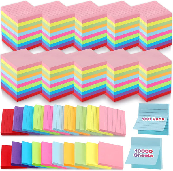 Fuutreo 100 Pad 10000 Sheet Sticky Notes Bulk, 3x3 Inch Lined Self Stick Note Pad, 10 Bright Colors for Student Teacher
