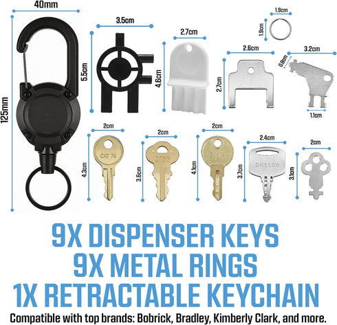 Set 10 1100, 2055, 74, 770301, E114, 3-in-1 Universal Paper Towel Dispenser Key + Retractable Key Chain - Pcs