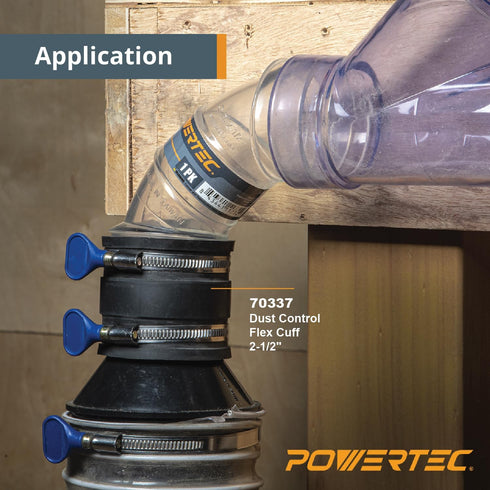 POWERTEC 70402 4" Hose to 2-1/2" Hose Cone Reducer with Dust Control Flex Cuff and Adjustable Key Hose Clamps