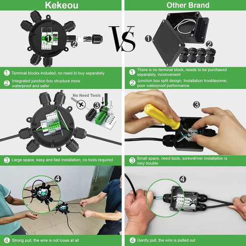 Waterproof Junction Box Electrical Connector, 2-6 Way Cable Connectors, 22-10 AWG, Easy to Install