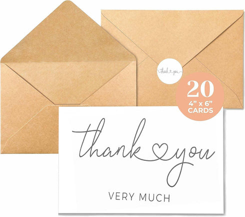 LUCYSALISA Thank You Cards with Envelopes, 20 Pack bulk White Thank You Cards