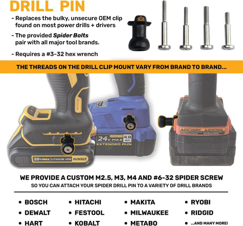 Spider Tool Holster - Drill Pins - Premium CNC Stainless Steel - Attaches to Any Brand Power Drill and Driver