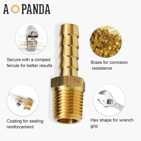 AOPANDA Brass Hose Barb Fitting, 3/8" to 3/8" NPT Male Air Hose Repair Fitting Kit, 5 Pcs Hose Clamps