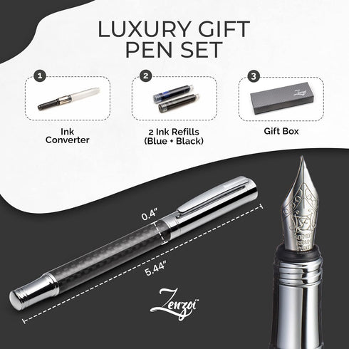 ZenZoi Elite Carbon Fiber Fountain Pen, Luxury Writing Experience with Fine Point Nib and Ink Refills