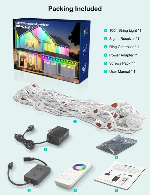 100ft 50 IP68 RGB+ IC Permanent Outdoor Lights, Eaves Lights with LED Lights, Waterproof, Music Sync with Remote