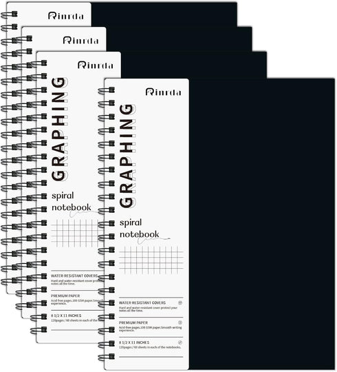 Graph Paper Notebook, 8.5" x 11" Spiral Notebook, 120 Pages, 100 GSM, Hardcover, 4 Pack, Engineering Notebook, Black