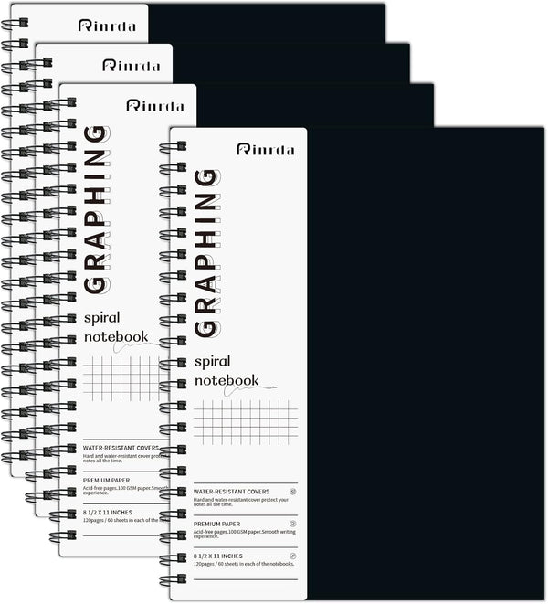 Graph Paper Notebook, 8.5" x 11" Spiral Notebook, 120 Pages, 100 GSM, Hardcover, 4 Pack, Engineering Notebook, Black
