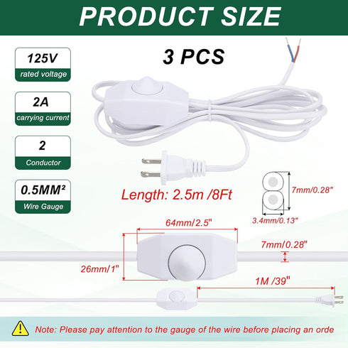 PATIKIL 8 3 Set Feet Lamp Cord with Plug, UL List Lamp Power Cord with Full Range Rotary Lamp Switch Stripped Ends