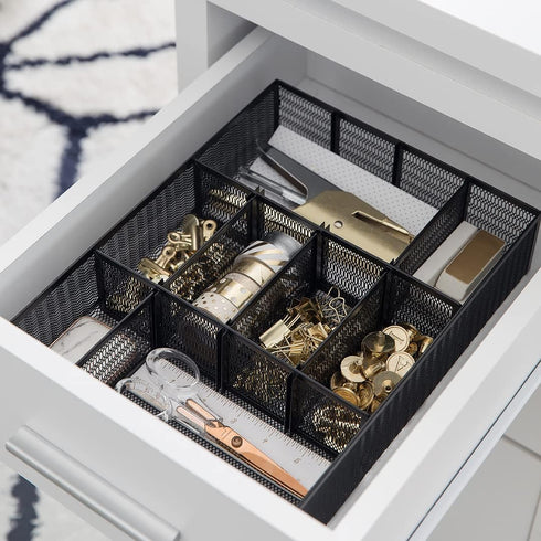 BLU MONACO Desk Drawer Organizer Tray, Up to 12 Adjustable Compartments with 9 Removable Dividers, Black Metal Mesh
