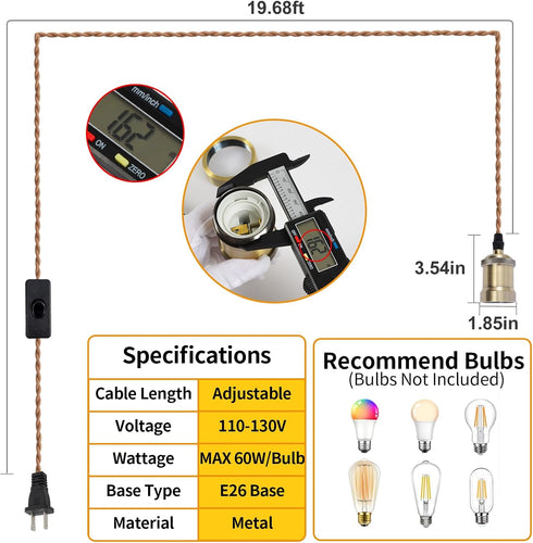 E26 19.68 Insert lamp Holder Cable feet Long, Twine Insert Pendant Light Cable kit, Farmhouse Pendant Light with on/Off