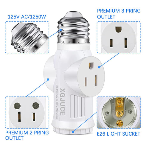 3 Prong Light Socket to Plug Adapter, E26 Outdoor Light with Outlet, E27 Light Bulb to 2/3 Prong Splitter